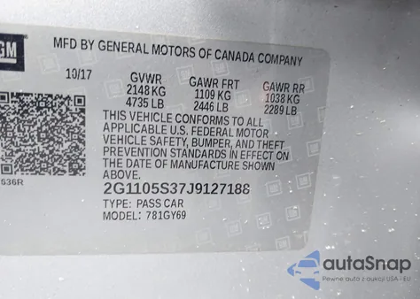 2018 Chevrolet Impala 1Lt from USA, damaged, VIN 2G1105S37J9127188